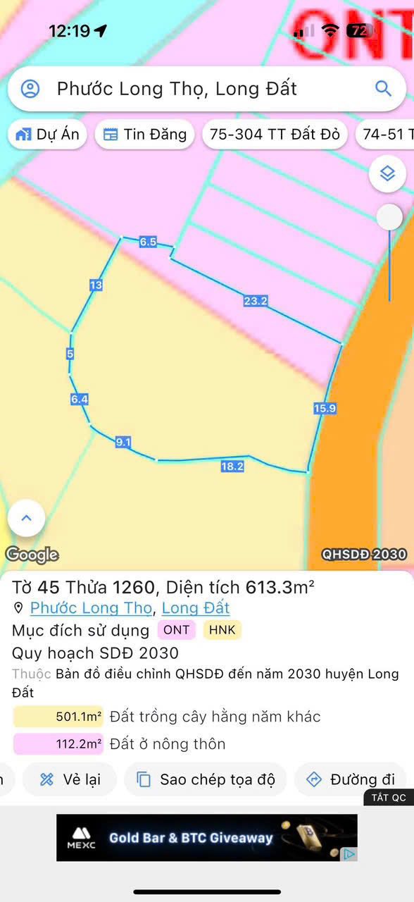 Đất thổ cư 613m² tại Phước Long Thọ, Đất Đỏ - Đầu tư sinh lời chỉ 1.5 tỷ!