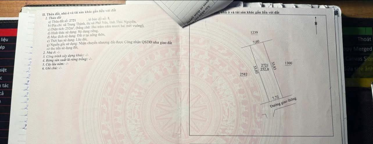 Đất thổ cư P. Trung Thành, Phổ Yên 252m² giá 2 tỷ - Đường rộng, mặt tiền lớn!