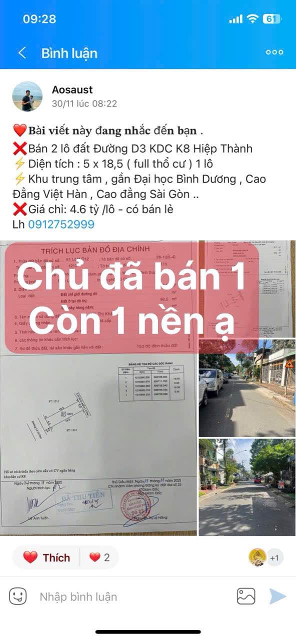 Đất nền KDC K8 Thủ Dầu Một 92.5m² - Giá tốt chỉ có 1 nền duy nhất!