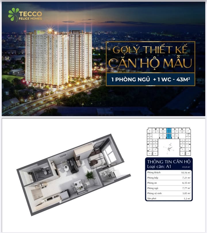 Căn hộ Tecco Felice Home An Phú 43m² giá 1.3 tỷ - Cơ hội sở hữu ngay!