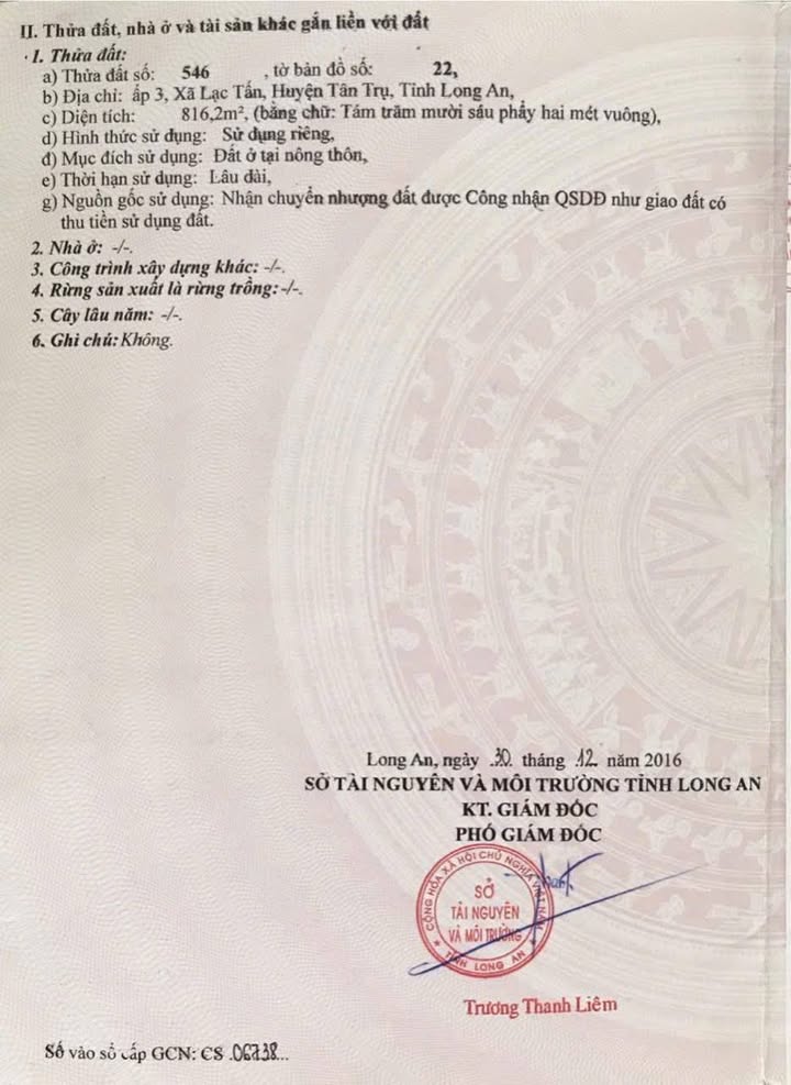 Đất thổ cư 816m² ấp 3 xã Lạc Tấn huyện Tân Trụ - Giá chỉ 2.5 tỷ, thương lượng tốt!