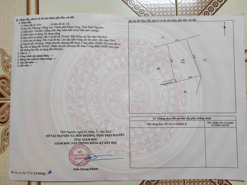 Đất thổ cư 744m² tại Thắng Lợi, Sông Công chỉ 1 tỷ - Tiềm năng đầu tư vượt trội!