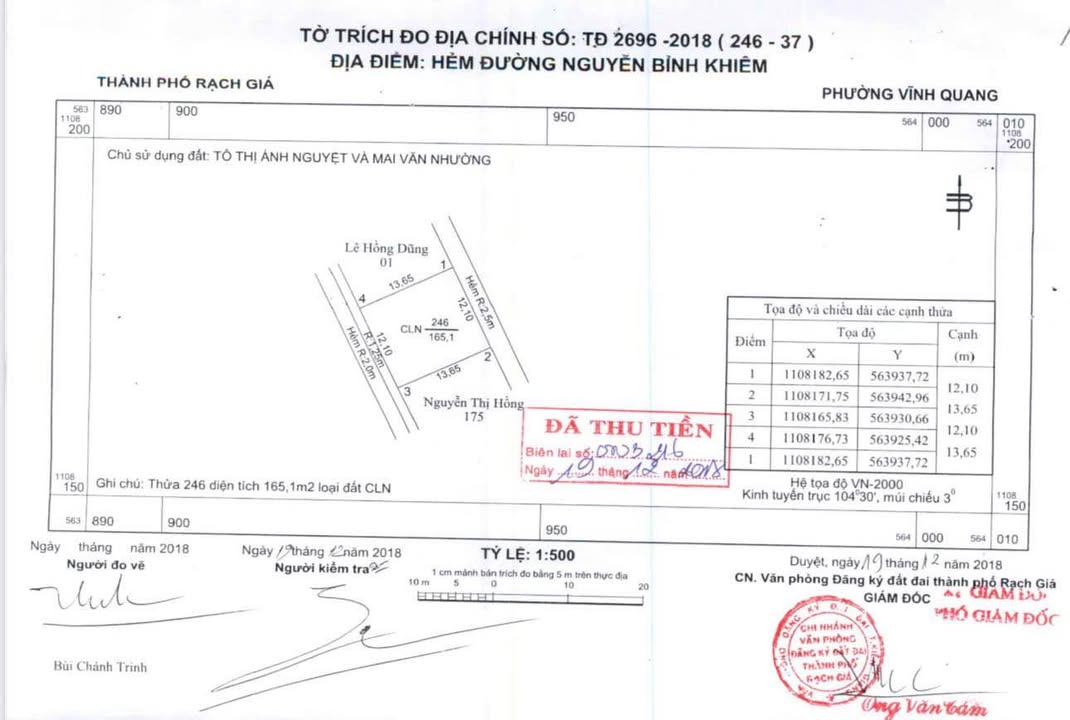 Đất nền Hẻm 186 Nguyễn Bỉnh Khiêm, Rạch Giá 164.87m² giá 1.65 tỷ - Cơ hội đầu tư hấp dẫn!