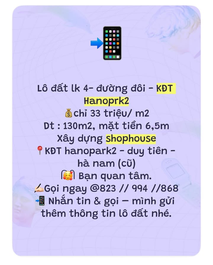 Đất nền shophouse KĐT Hanopark2 Duy Tiên 130m² giá chỉ 4.29 tỷ - Cơ hội đầu tư không thể bỏ lỡ!