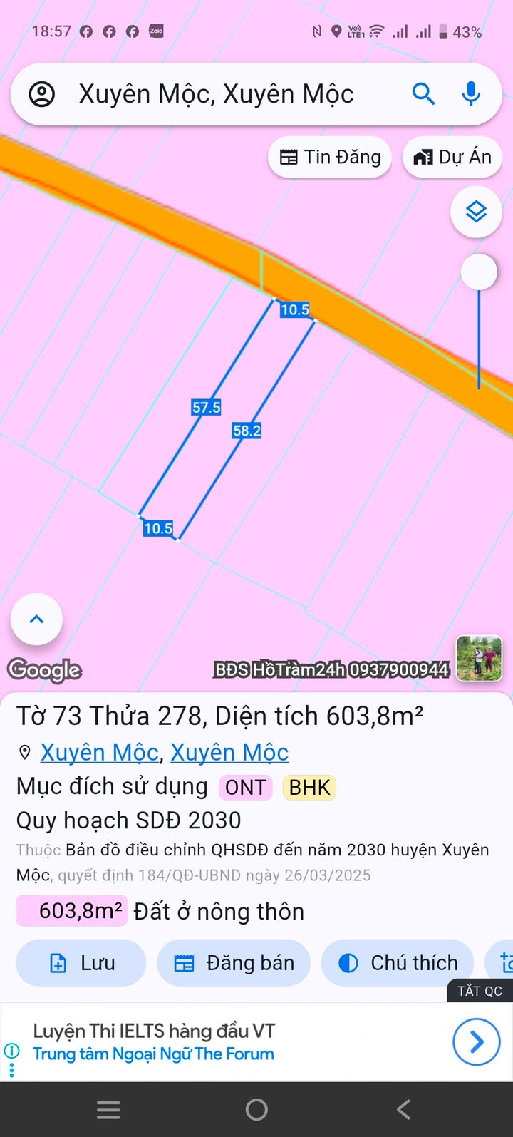 Đất thổ cư Xuyên Mộc 588m² giá 2.5 tỷ - Gần trung tâm thương mại