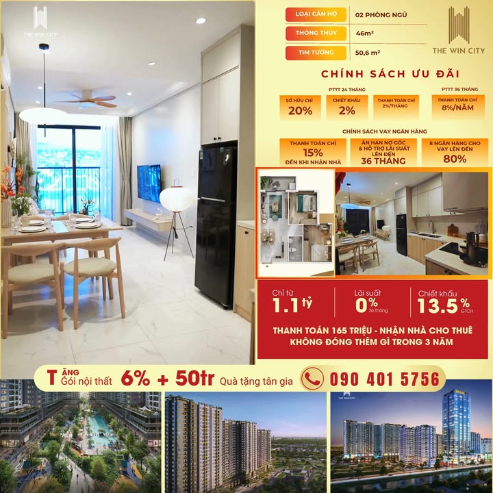 Căn hộ 2 phòng ngủ The Win City 46m² giá chỉ 150 triệu - Không gian sống lý tưởng cho gia đình trẻ!