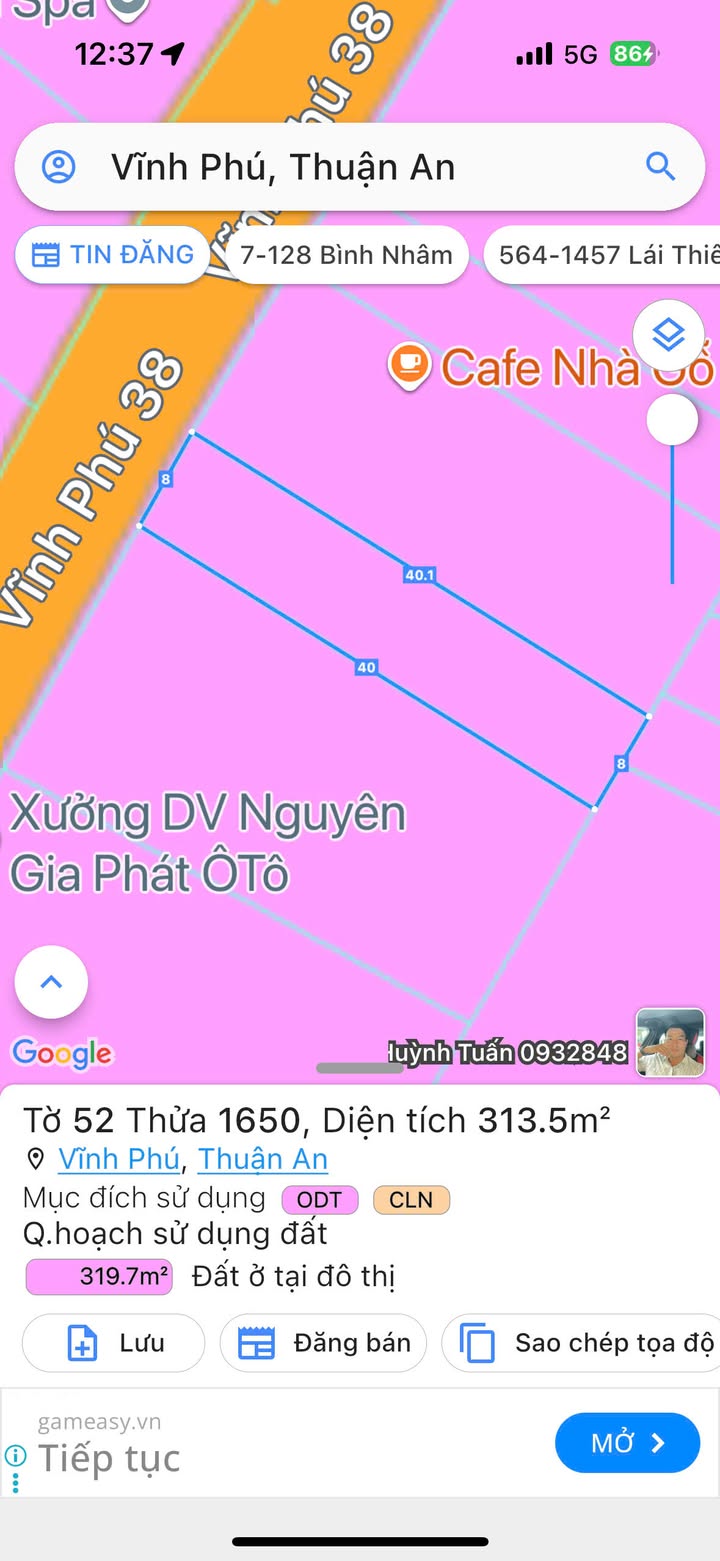 Đất mặt tiền Vĩnh Phú 38, Thuận An 313m² giá 10 tỷ - Cơ hội đầu tư tiềm năng!