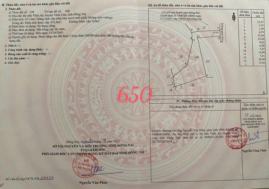 Đất nền Vĩnh An Vĩnh Cửu 671m² giá 650 triệu - Sổ hồng chính chủ, thương lượng tốt!