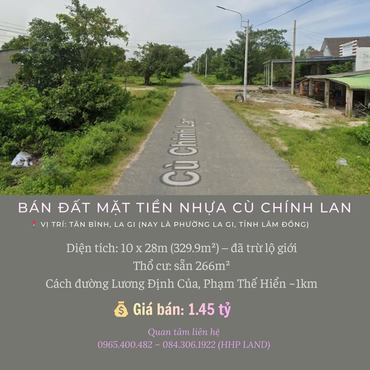 Đất nền mặt tiền Cù Chính Lan, Tân Bình, La Gi 329m² giá 1.45 tỷ - Sổ hồng riêng, pháp lý rõ ràng!