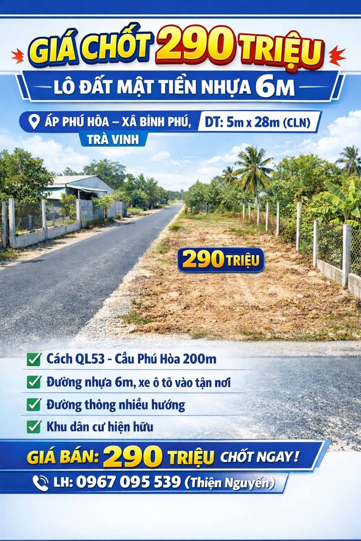 Lô đất mặt tiền nhựa 6m tại xã Bình Phú, Trà Vinh 140m² chỉ 290 triệu - Cơ hội đầu tư hấp dẫn!