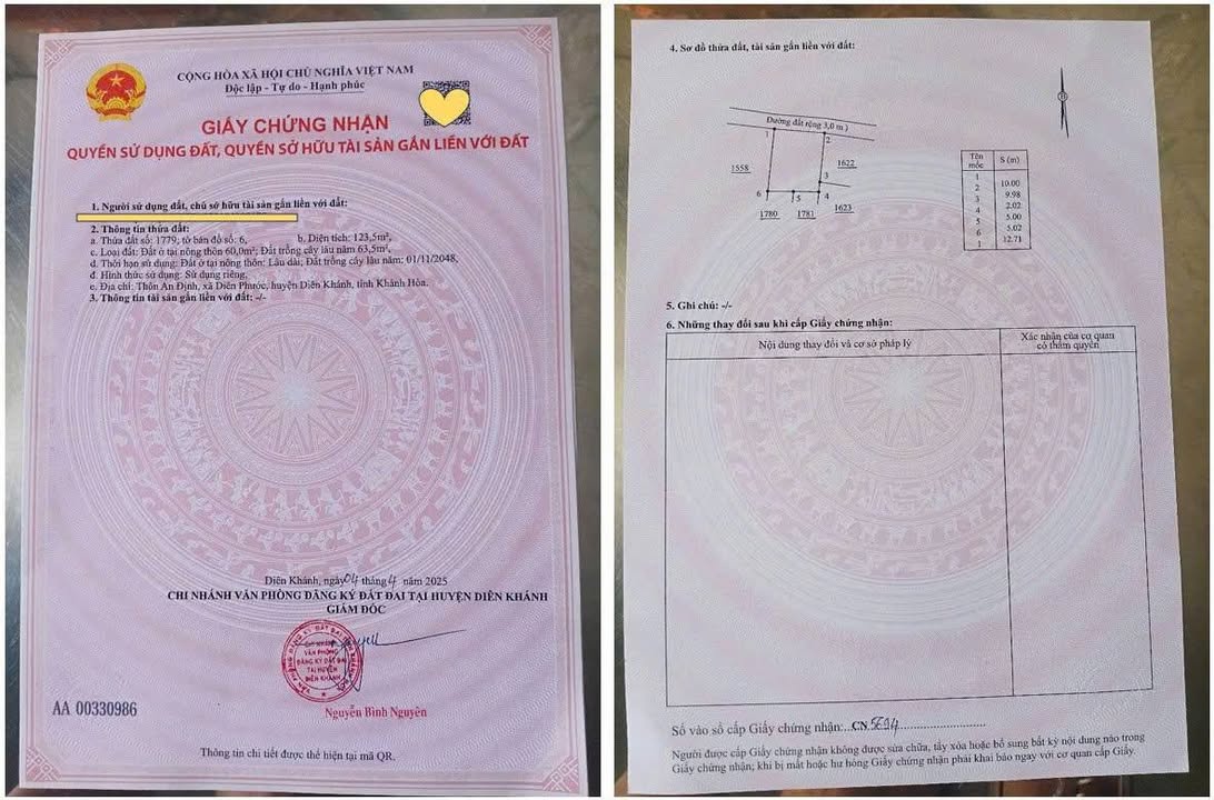 Đất nền Diên Phước, Diên Khánh 120m² giá 800 triệu - Sổ đỏ thổ cư chính chủ!