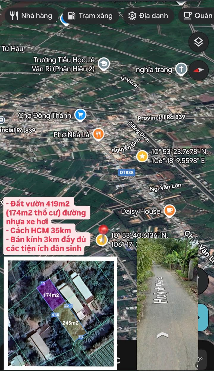 Đất vườn thổ cư 419m² tại ấp Đông Thành, Đức Huệ - Giá 1.5 tỷ, Sổ hồng riêng!