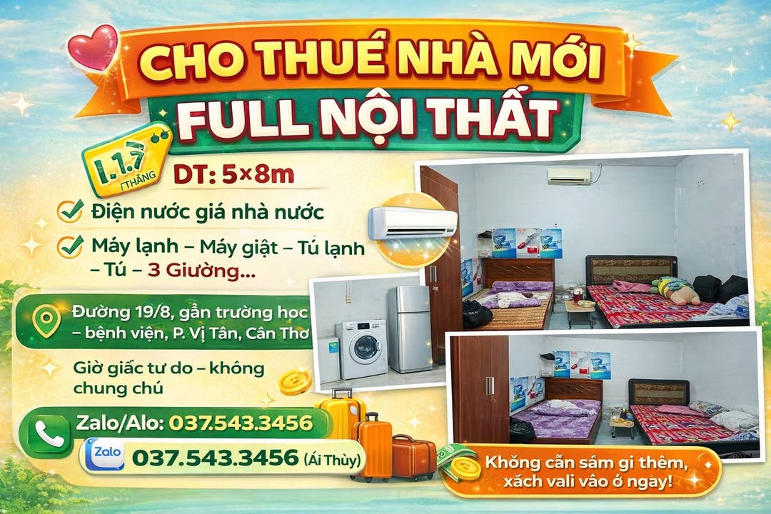 Nhà cho thuê tại Vị Tân, Cần Thơ 40m² giá 1.7 triệu - Full nội thất hiện đại!