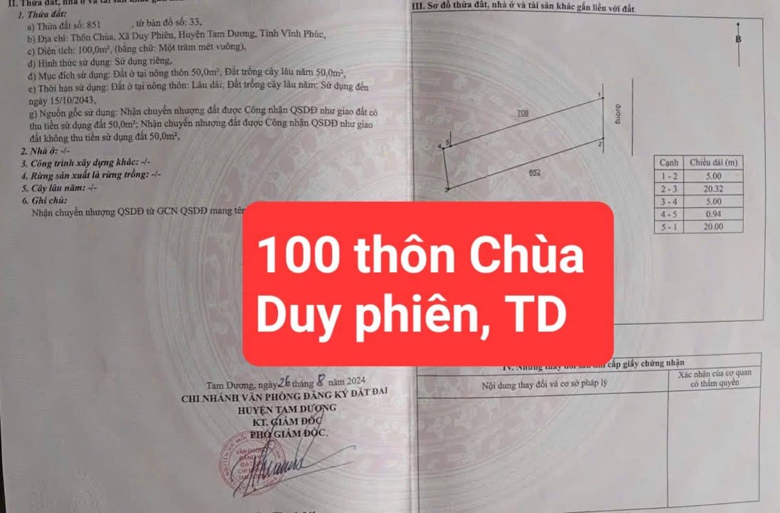 Đất nền Thôn Chùa, Duy Phiên, Tam Dương 100m² giá 1.6 tỷ - Hướng Đông thoáng đãng!
