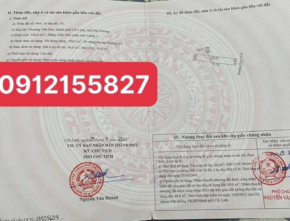 Đất thổ cư Văn Đức, Chí Linh 100m² giá 800 triệu - Sổ hồng chính chủ!