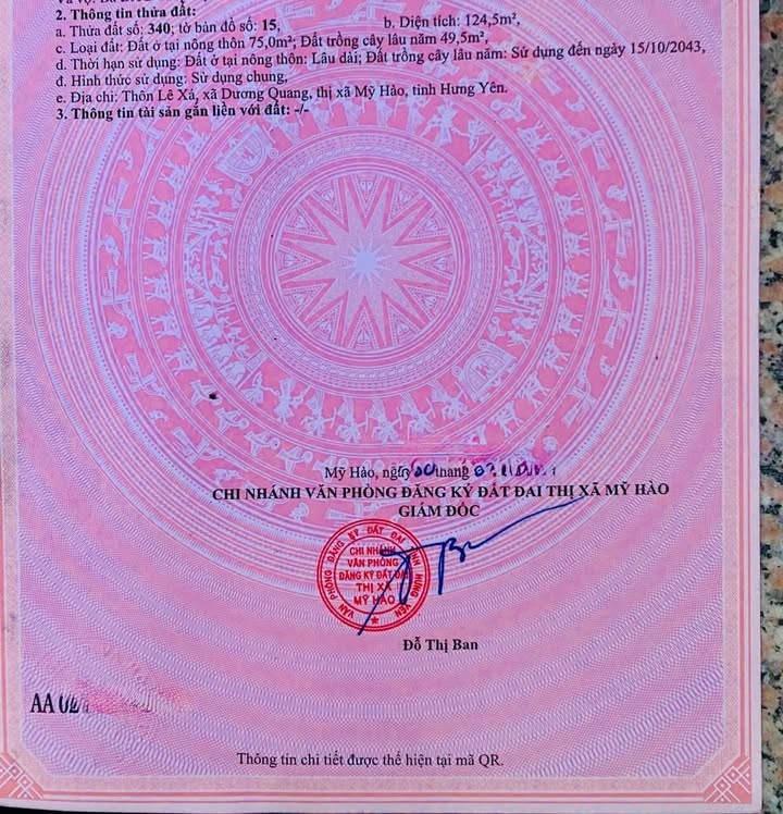 Đất nền Lê Xá, Dương Quang, Mỹ Hào 124.5m² giá 1 tỷ - Sổ đỏ chính chủ, đầu tư sinh lời!
