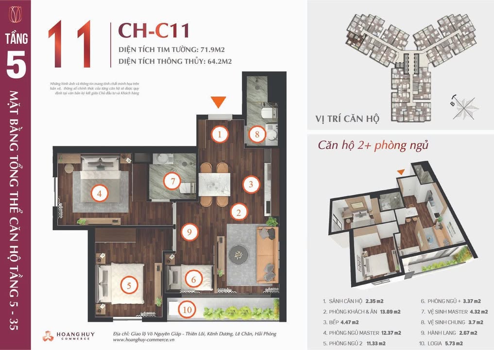 Căn hộ 2.5PN Hoàng Huy Commerce Hải Phòng 64m² giá 2.6 tỷ - Hướng Tây Nam thoáng đãng!