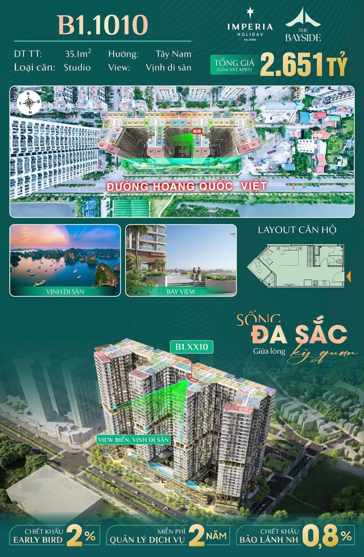 Căn hộ Studio Imperia The Bayside Hạ Long 35.1m² giá 2.651 tỷ - View Vịnh Di Sản tuyệt đẹp!