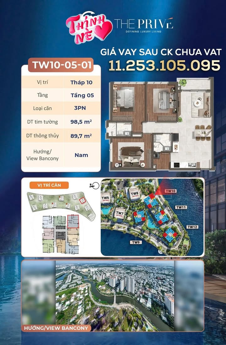 Căn hộ Tháp 10, Quận 2, 98.5m² giá 11.658 tỷ - Căn góc độc quyền, view sông tuyệt đẹp!