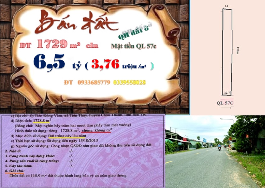 Đất Tiên Thủy, Châu Thành, Bến Tre 1729m² giá 6.5 tỷ - Đầu tư sinh lời hấp dẫn!