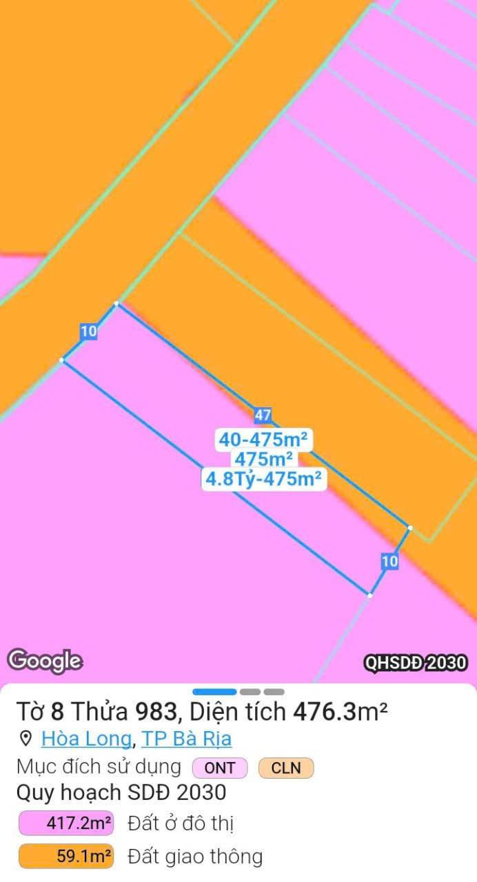 Đất thổ cư mặt tiền đường số 45, Hòa Long, Bà Rịa - 476m² - Đầu tư sinh lời ngay!
