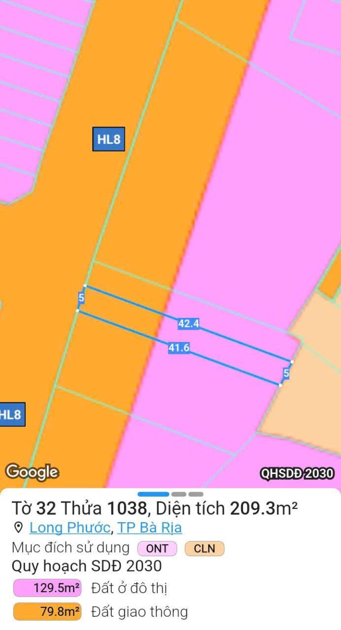Đất nền mặt tiền Hương Lộ 8, Long Phước, TP Bà Rịa 209m² - Đầu tư sinh lời ngay!