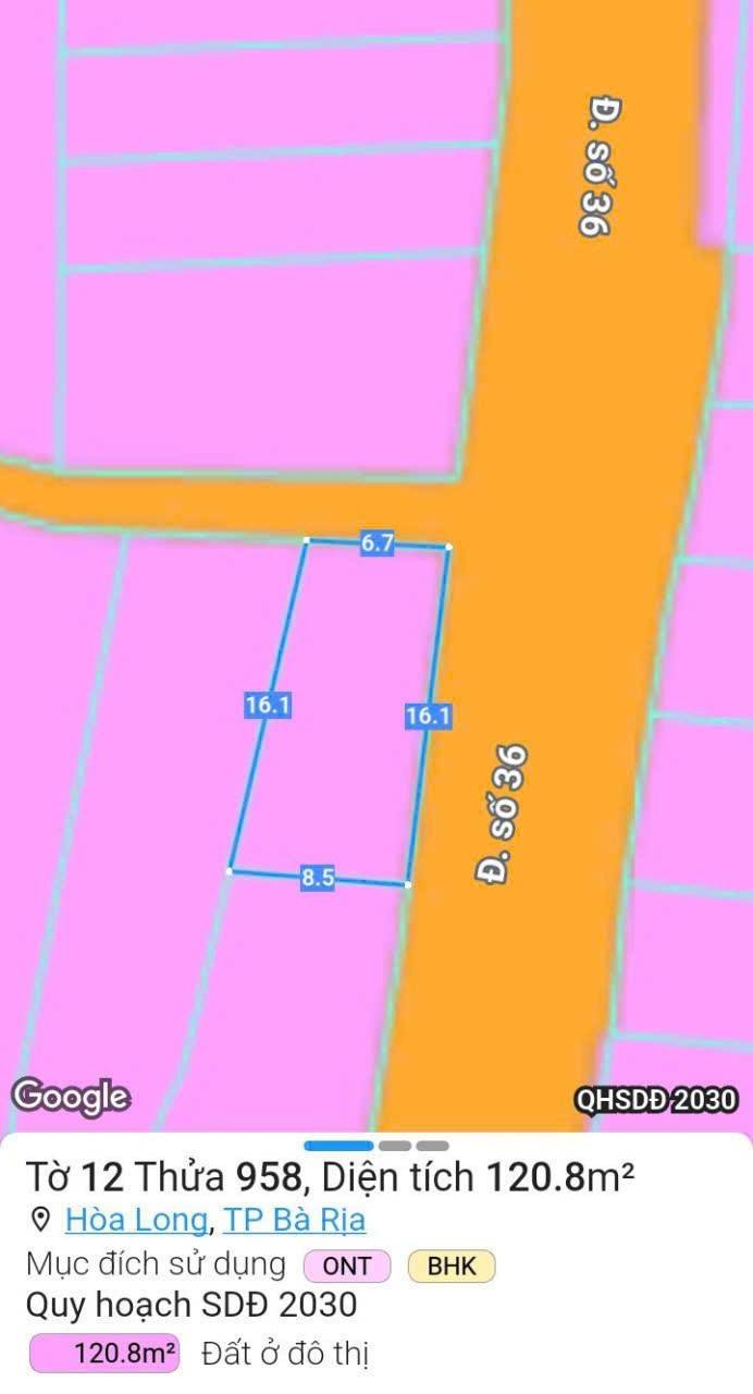 Đất nền góc 2 mặt tiền đường Số 36 Hòa Long 120,8m² giá 2.1 tỷ - Đầu tư sinh lời lý tưởng!
