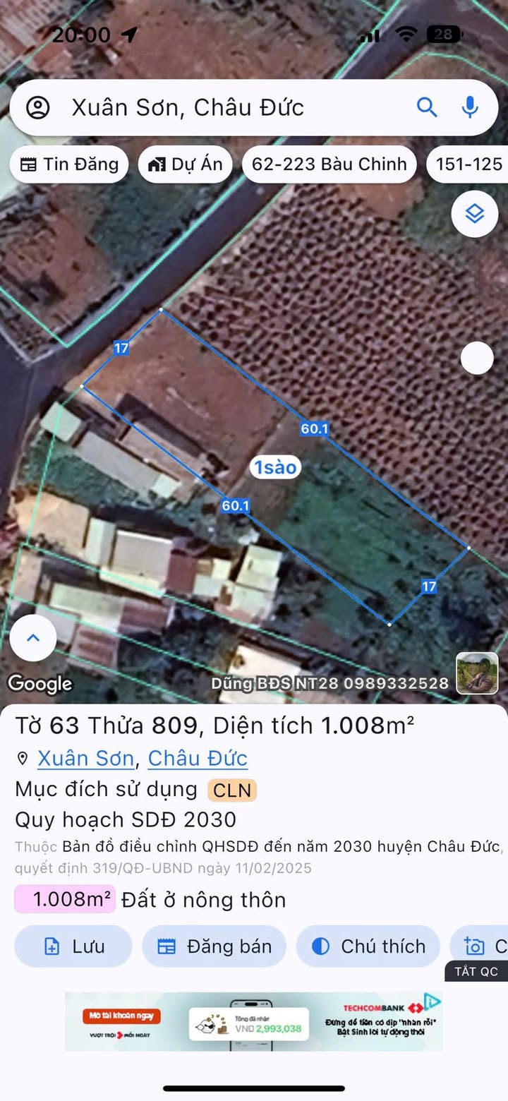 Đất nền 1020m² mặt tiền đường Xuân Sơn - Châu Đức - Giá chỉ 1.15 tỷ!