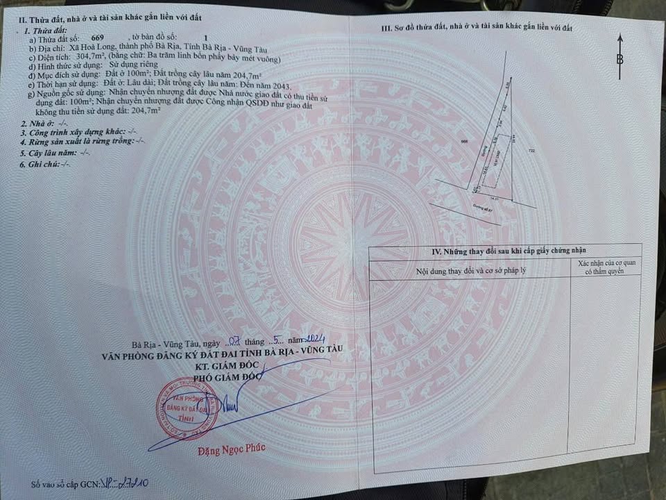 Đất 2 mặt tiền đường nhựa số 87, Hòa Long, Bà Rịa 304,7m² giá 2 tỷ - Cơ hội đầu tư tuyệt vời!