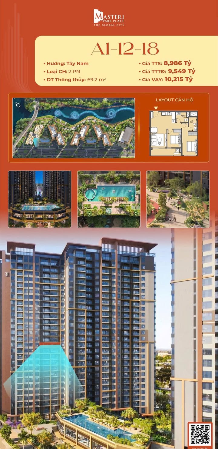 Căn hộ 2PN Masteri Park Place Quận 2, 69m² giá 9.549 tỷ - Đầu tư lý tưởng!