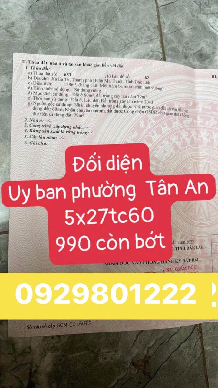 Đất thổ cư Tân An, Buôn Ma Thuột 135m² giá 990 triệu - Pháp lý rõ ràng!