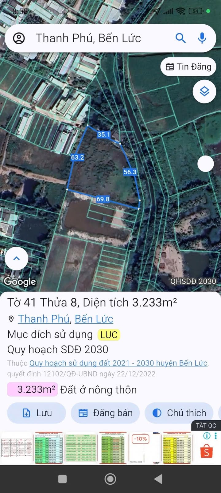 Đất nền 3200m² tại Thanh Phú, Bến Lức giá 10 tỷ - Đường ô tô đến nơi!