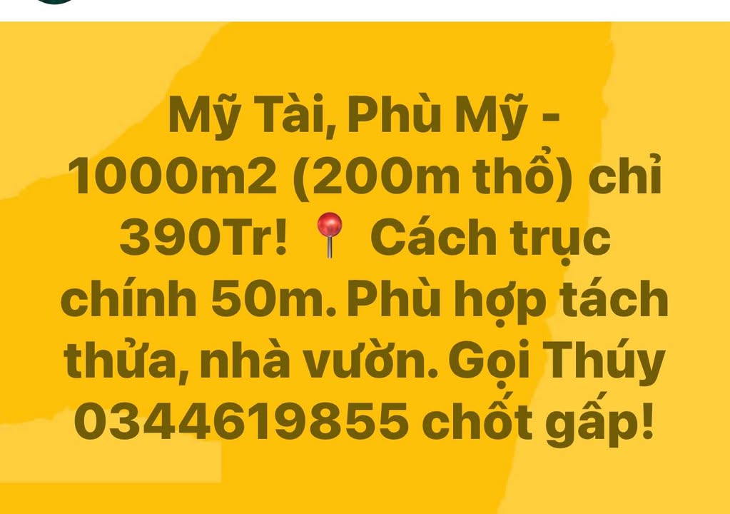 Đất nền Mỹ Tài, Phù Mỹ 1000m² giá 390 triệu - Cơ hội đầu tư tuyệt vời!