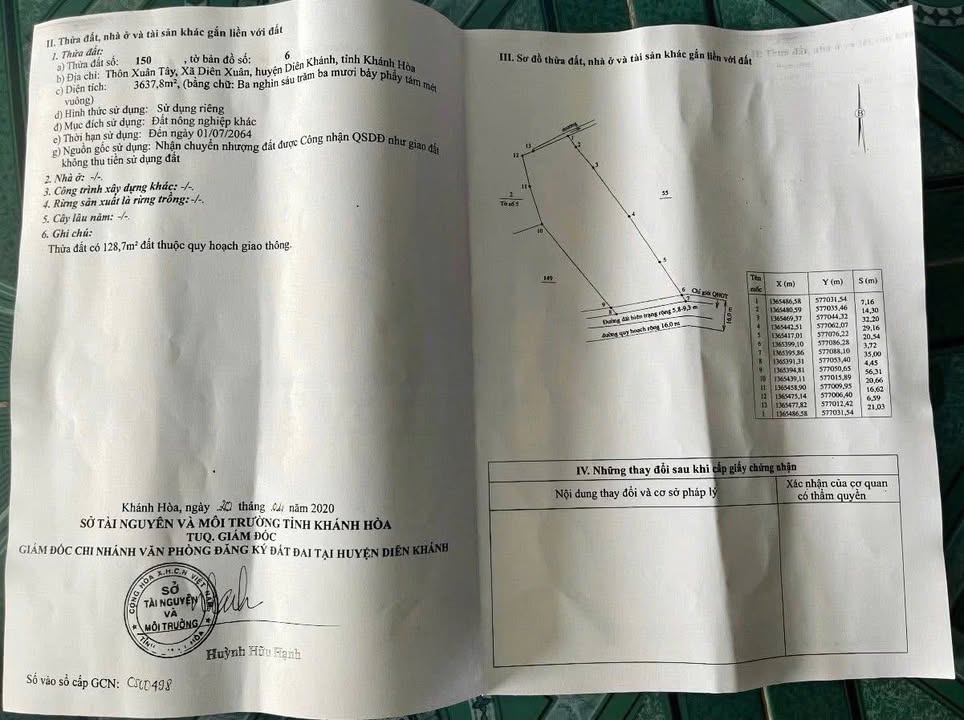 Đất nông nghiệp tại Xuân Tây, Diên Khánh 3637m² giá 1.1 tỷ - Cơ hội đầu tư hấp dẫn!