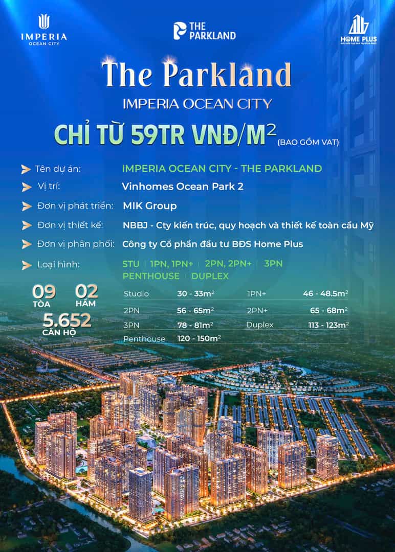 Căn hộ 2PN The Parkland Ocean City 63.13m² giá 3.8 tỷ - Đầu tư an toàn, vị trí đẹp!