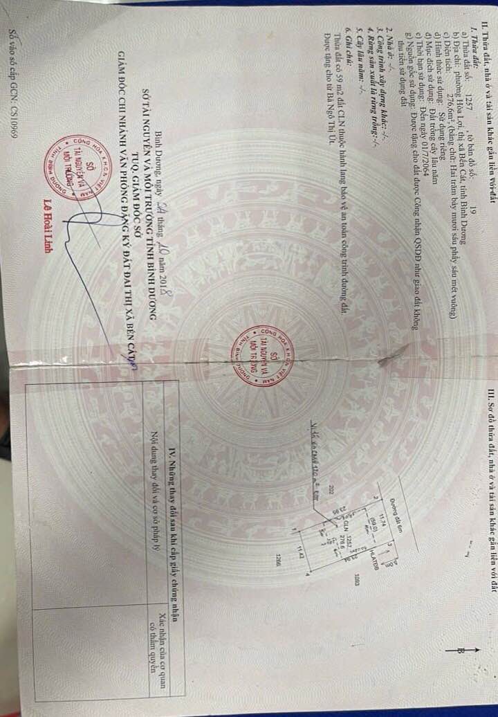 Lô đất Hòa Lợi Bến Cát 276.6m² giá 3.3 tỷ - Sổ đỏ chính chủ, gần KCN VSIP2!