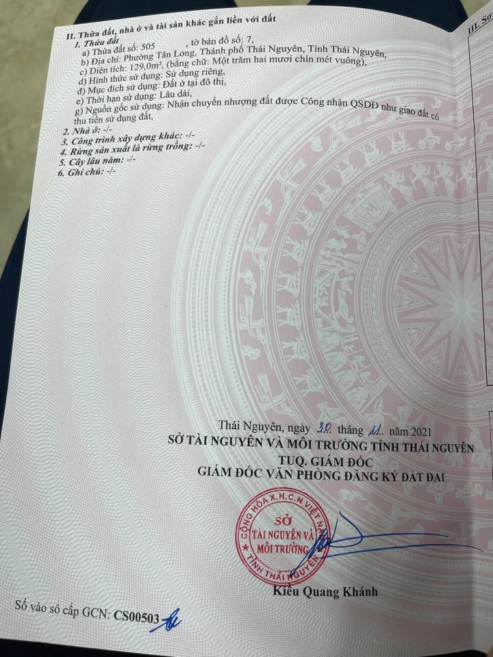 Đất thổ cư Tân Long, Thái Nguyên 129m² - Mặt tiền 6m, giá thương lượng!