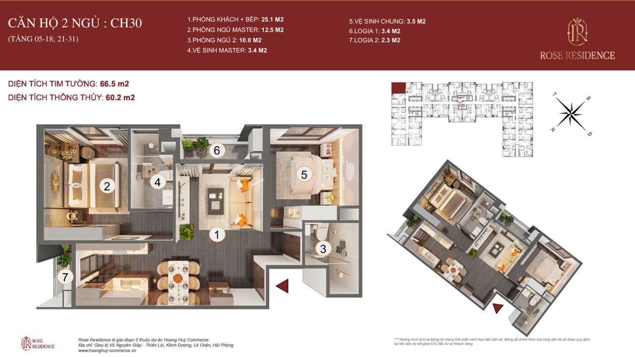 Căn hộ 2PN Rose Residence Hải Phòng 60.2m² giá 2.85 tỷ - Căn góc view thành phố