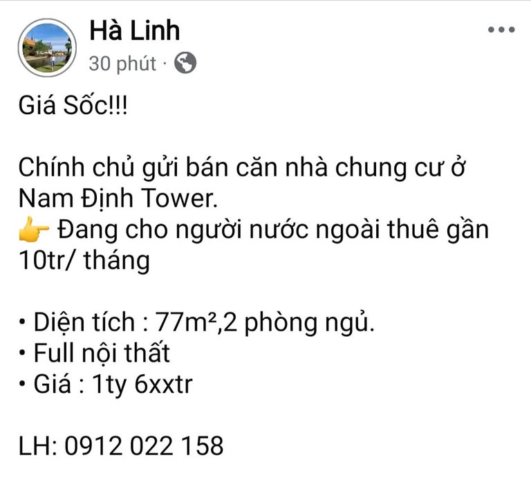 Căn hộ chung cư Nam Định Tower 77m² giá 1.6 tỷ - Full nội thất, đang cho thuê 10 triệu/tháng!