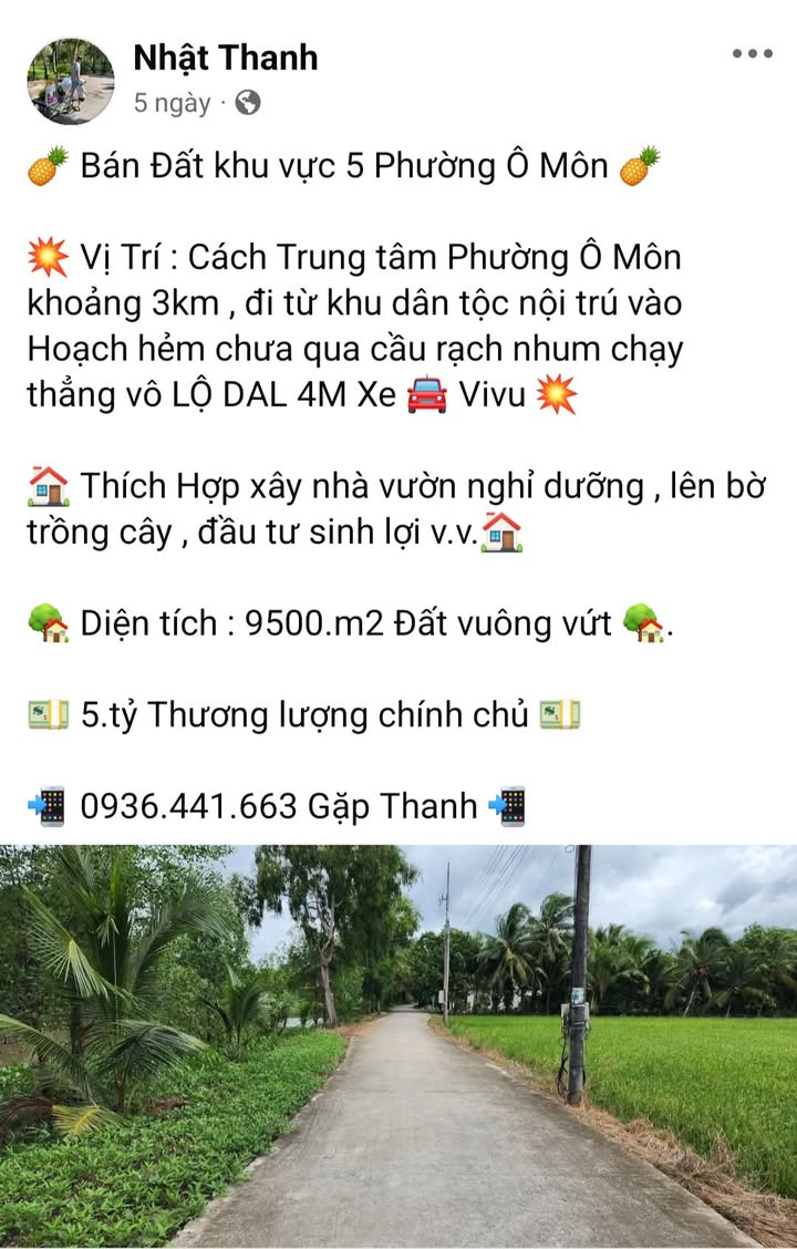 Đất nền Ô Môn Cần Thơ 9500m² giá 4.6 tỷ - Cơ hội đầu tư hấp dẫn!