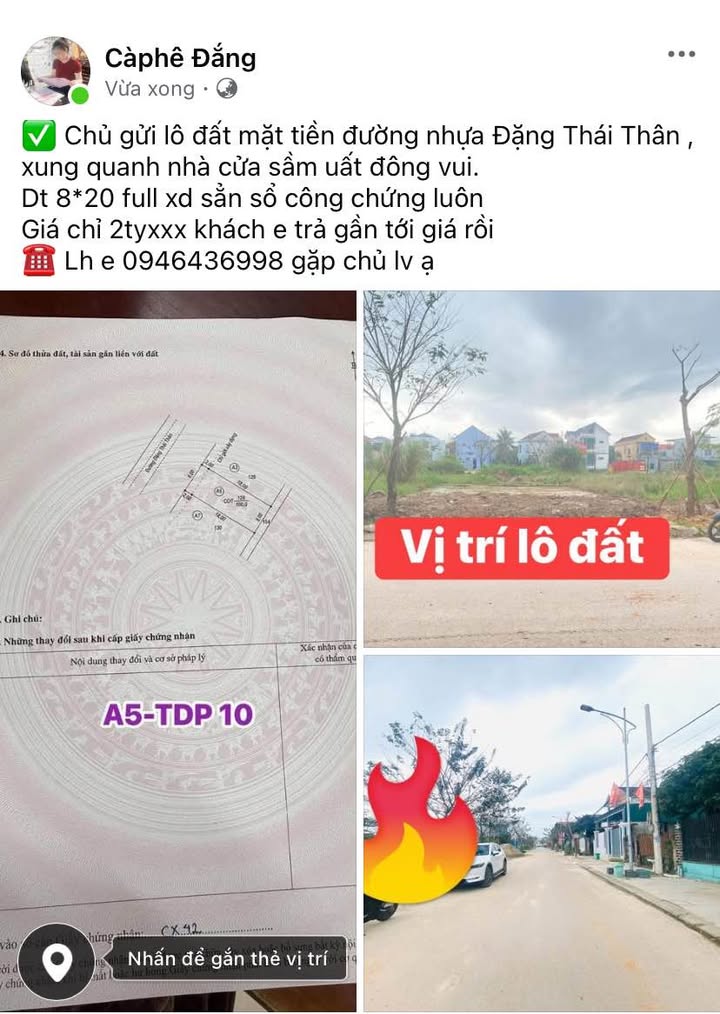 Đất mặt tiền đường Đặng Thái Thân, Đồng Hới 160m² giá 2 tỷ - Nhanh tay sở hữu!