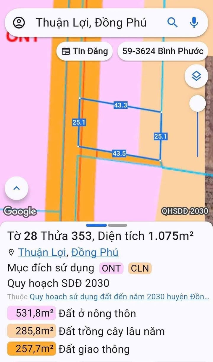 Đất nền Bù Xăng Đồng Phú 1075m² giá 1.05 tỷ - Đường lớn 2 mặt tiền