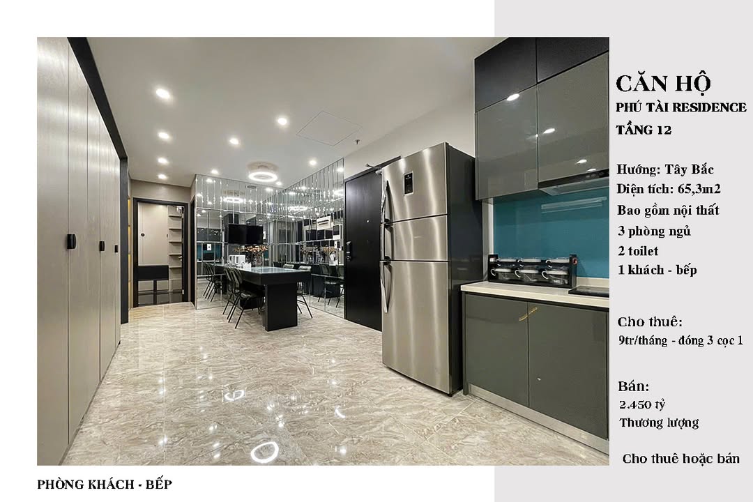 Chung cư Phú Tài Residence Quy Nhơn 65.3m² giá 9 triệu - Nội thất đầy đủ, sẵn sàng vào ở!