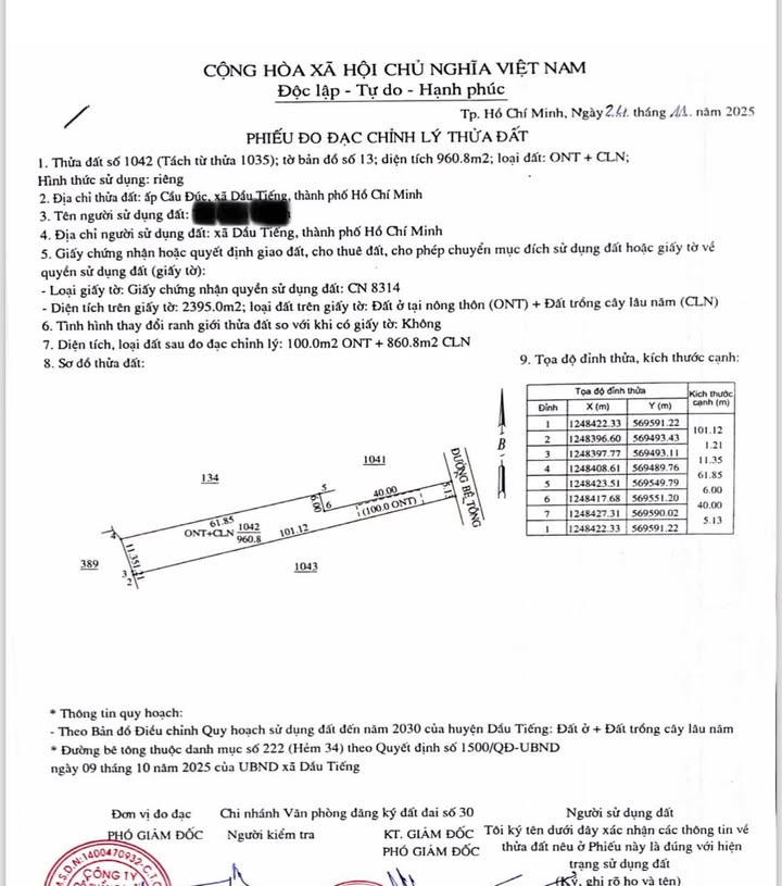 Đất nền Dầu Tiếng 960m² giá 1 tỷ - Sổ đỏ chính chủ, đầu tư sinh lời!