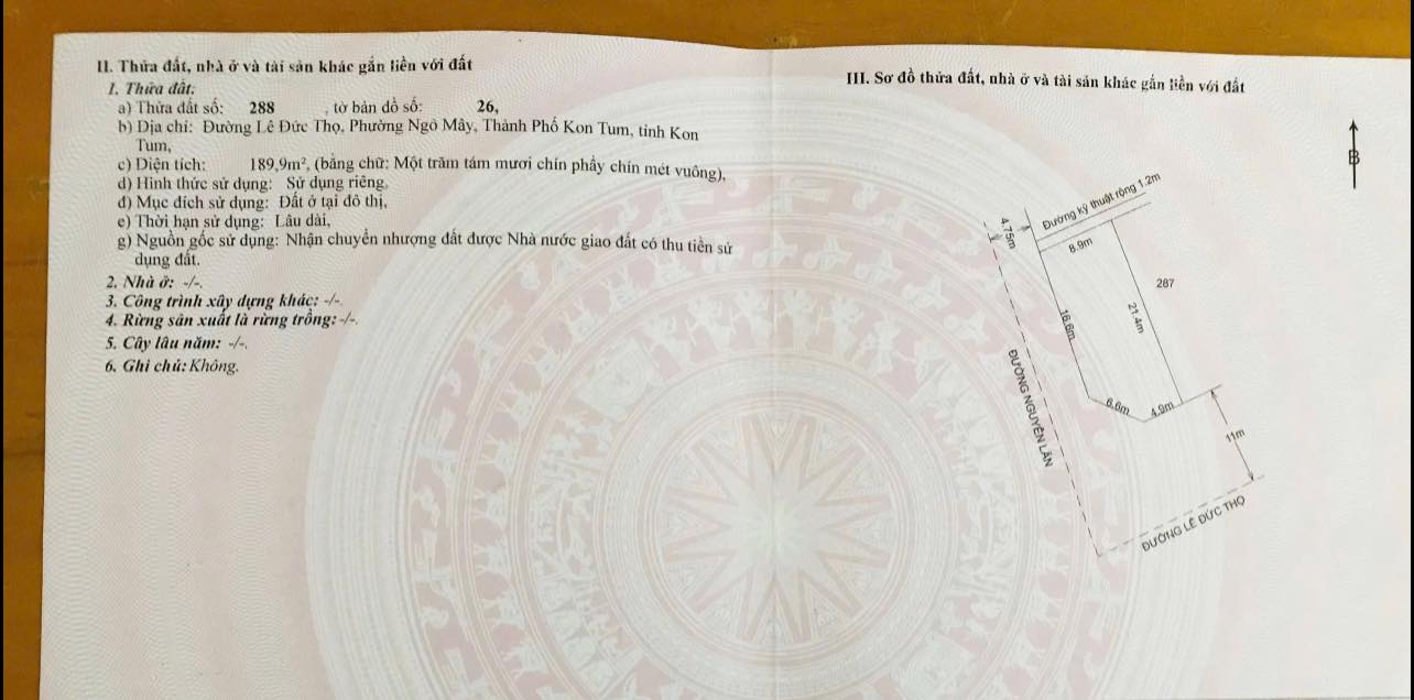 Đất thổ cư đường Lê Đức Thọ, phường Ngô Mây, 189.9m² - Giá tốt chỉ 1.25 tỷ!