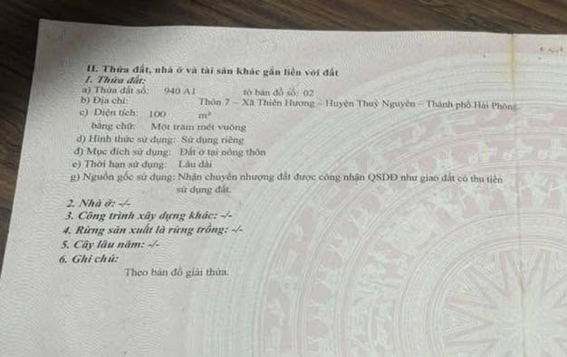 Lô đất thổ cư 100m² tại thôn 7, Thiên Hương, Thuỷ Nguyên - Giá 1.2 tỷ, đầu tư tiềm năng!