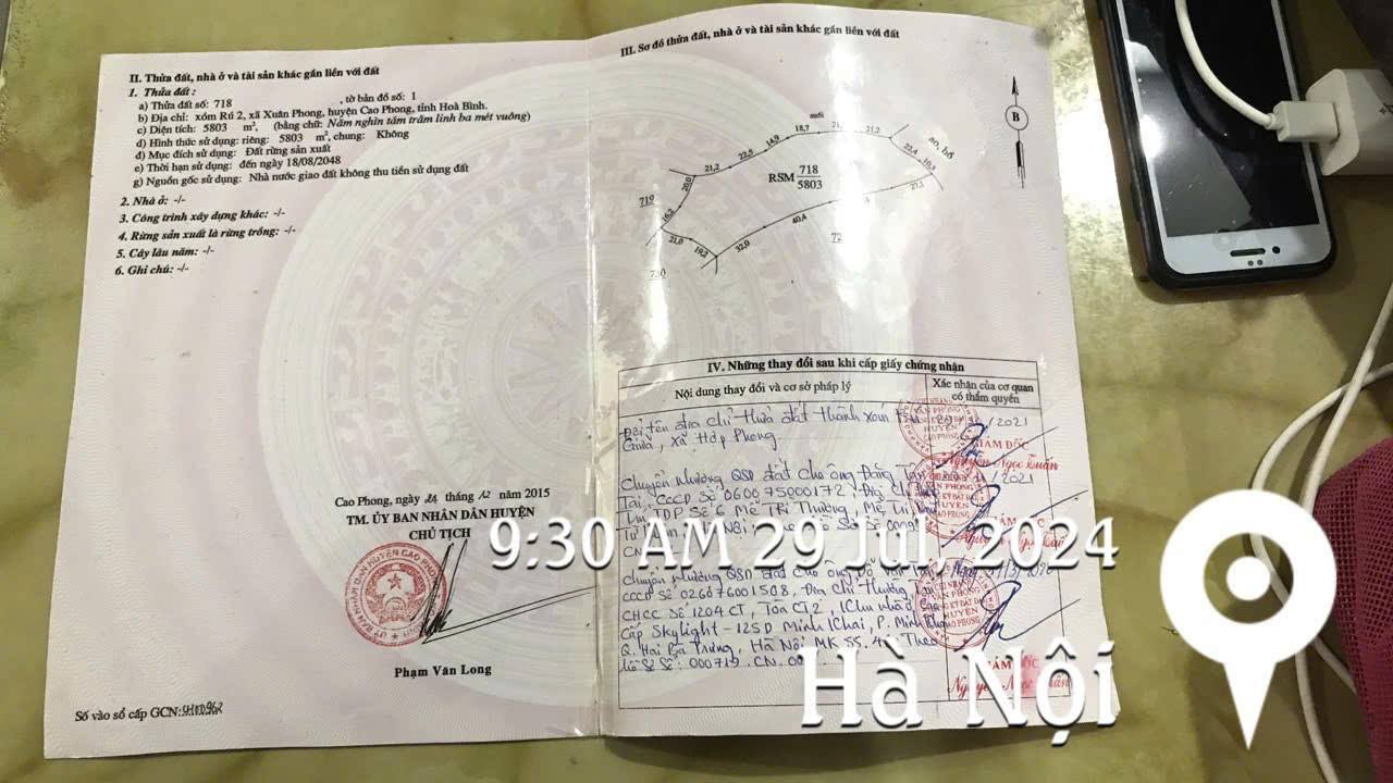 Đất rừng sản xuất tại Xuân Phong, Cao Phong 5803m² - Sổ đỏ chính chủ, giá thỏa thuận!