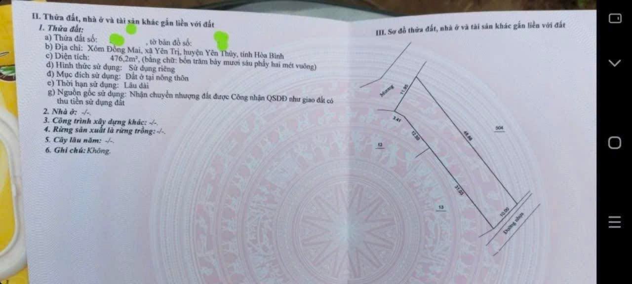 Đất nền Yên Trị Yên Thủy 472m² giá 1 tỷ - Cơ hội đầu tư sinh lời!