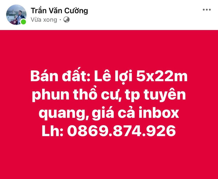 Bán đất thổ cư Lê Lợi, Tuyên Quang 110m² - Cơ hội đầu tư hấp dẫn!