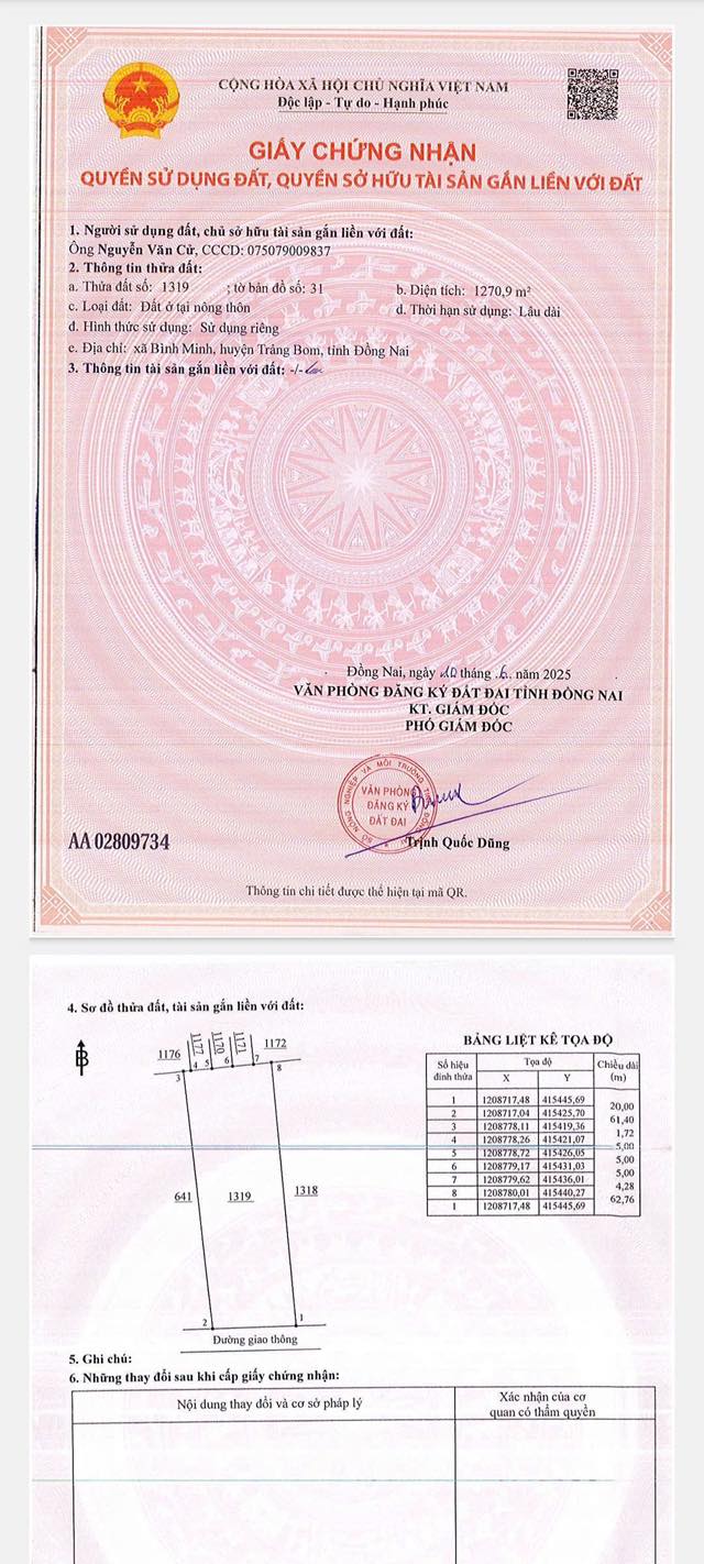 Đất thổ cư 1270m² tại xã Bình Minh, huyện Trảng Bom - Đầu tư sinh lời ngay!